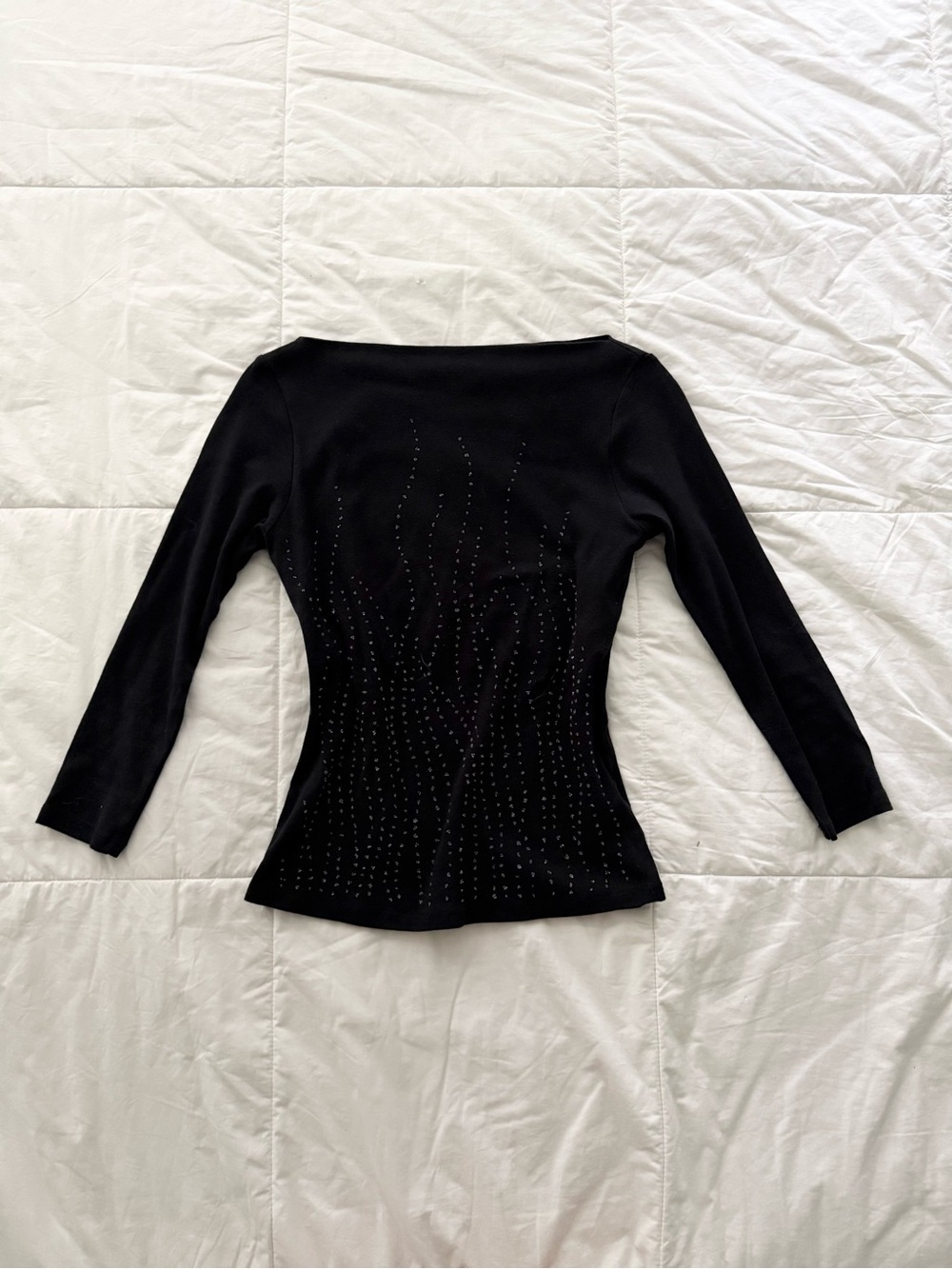 Vintage whimsical Velvet black beaded boat neck 3/4 sleeve top.